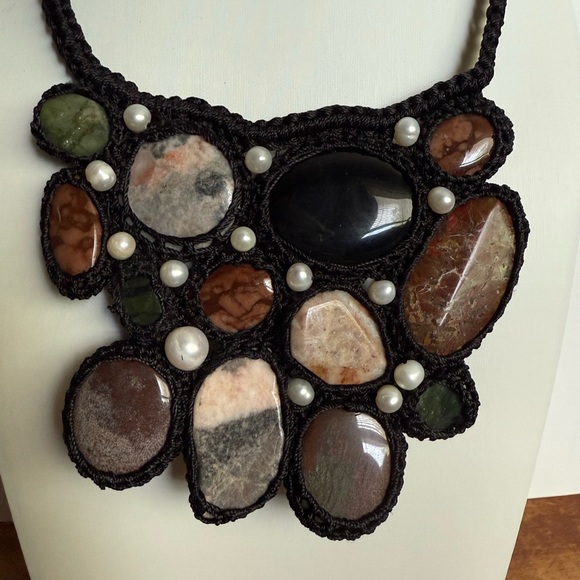 Crocheted Semi Precious and Pearl Bob Necklace